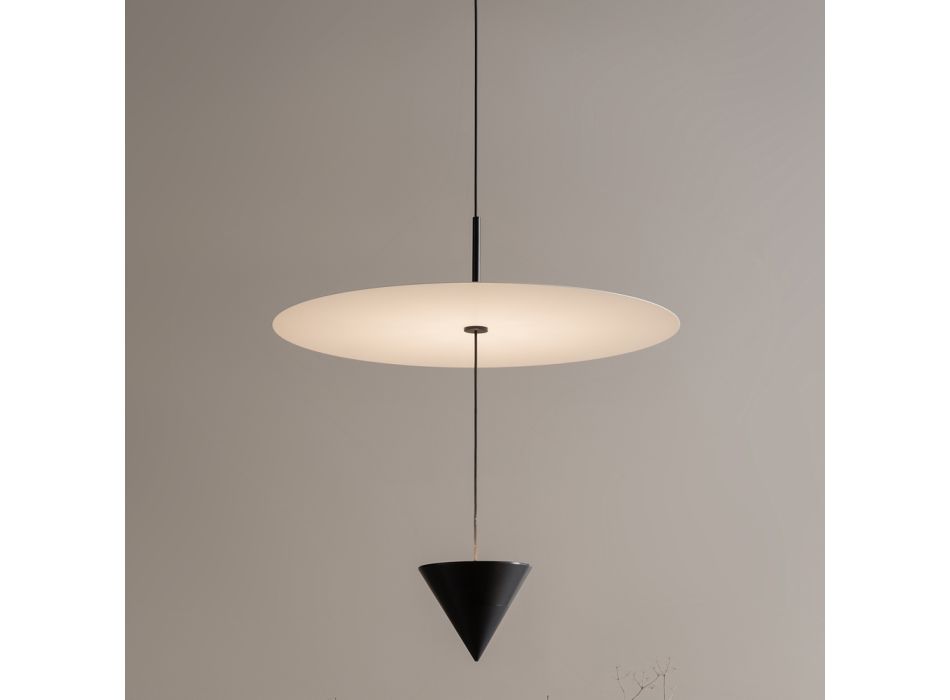 Lámpara de Suspensión de Aluminio con Placa Blanca y Cono Negro - Padel Viadurini