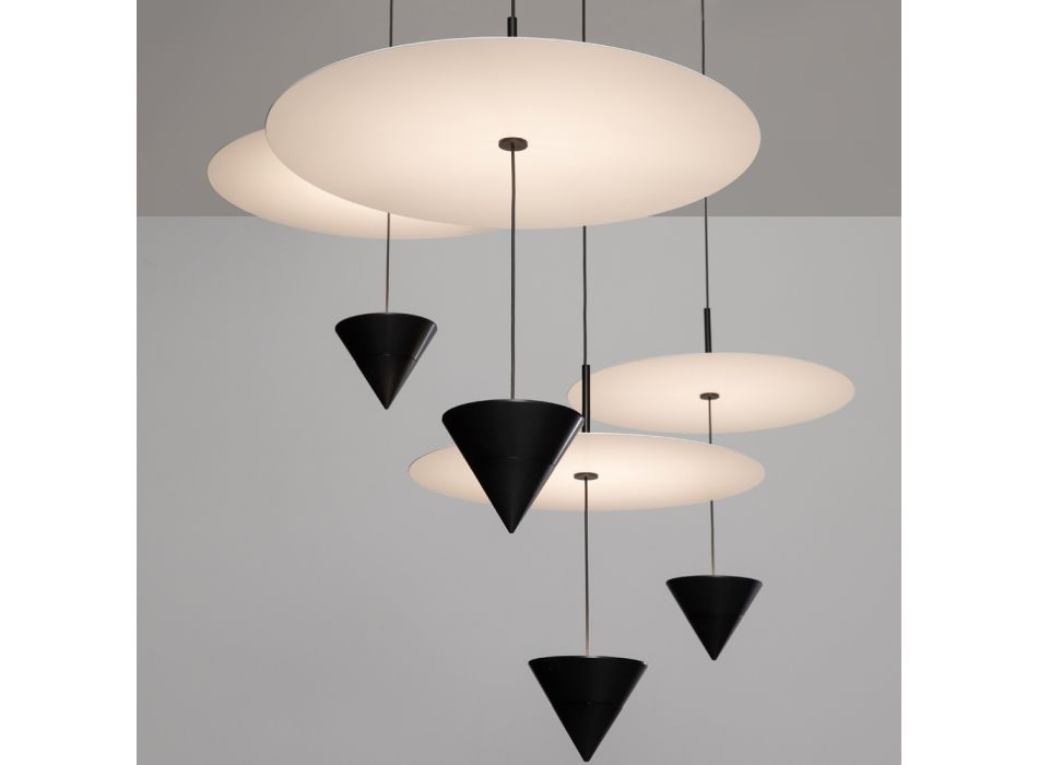 Lámpara de Suspensión de Aluminio con Placa Blanca y Cono Negro - Padel Viadurini