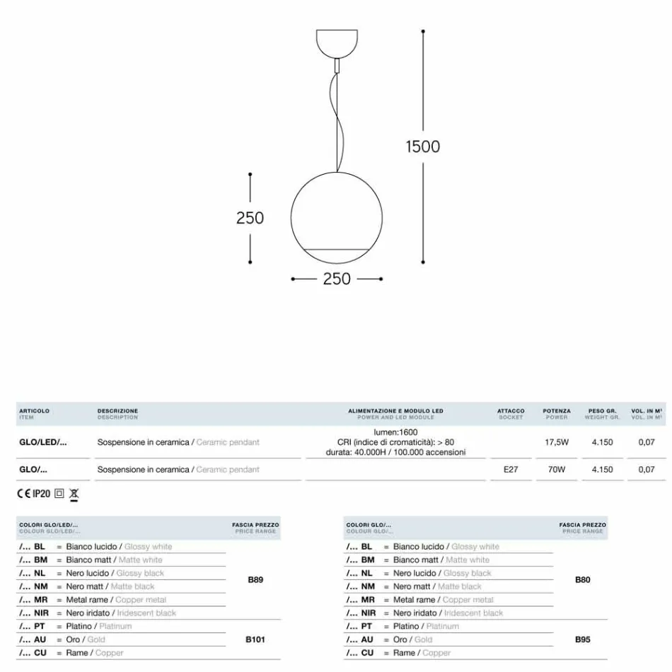 Lámpara colgante globo de cerámica Aldo Bernardi Viadurini