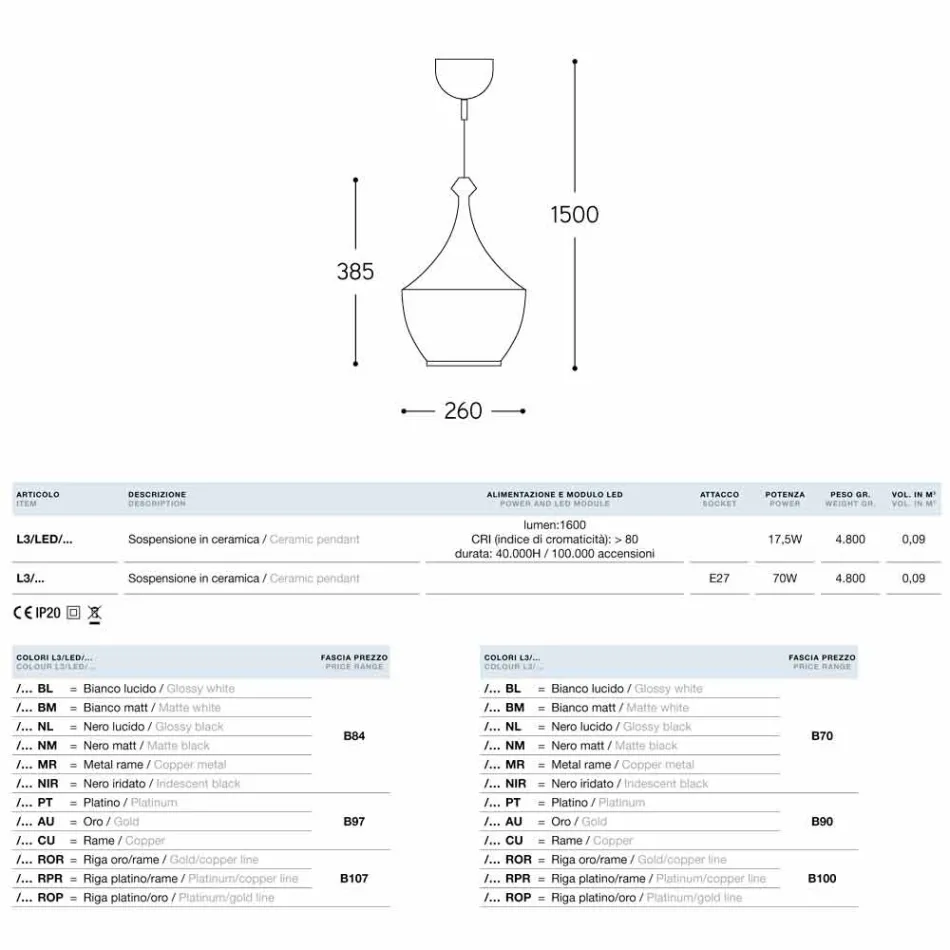La lámpara colgante de esmalte de cerámica 3 Aldo Bernardi Viadurini