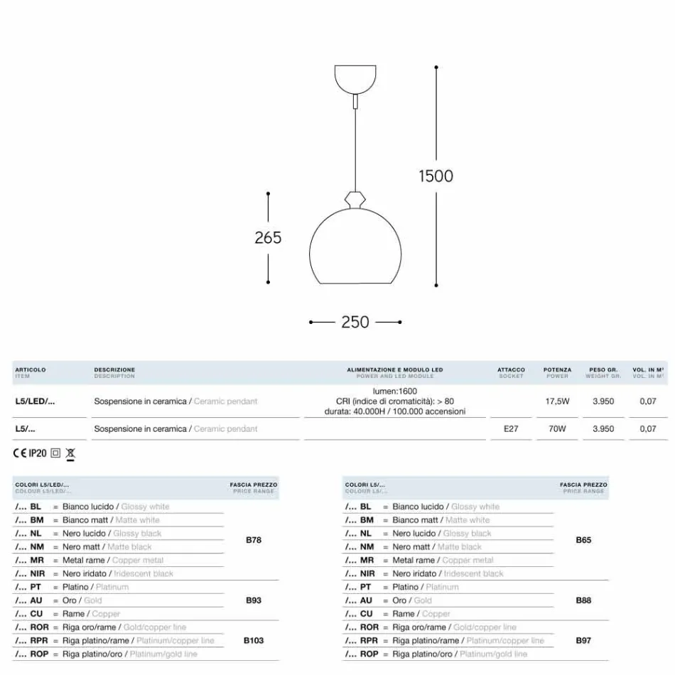 La lámpara colgante de esmalte de cerámica, subió a dos salidas a 90 ° Viadurini