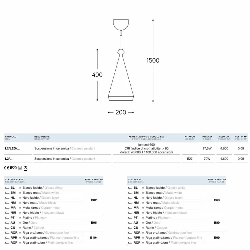 Lámpara colgante del esmalte de cerámica 2 LED o Standard Viadurini