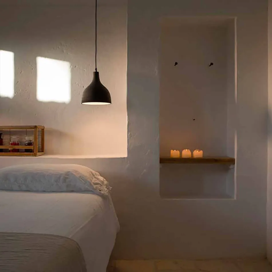 Lámpara de suspensión en gres antracita y diseño interior esmaltado blanco - Edmondo Viadurini