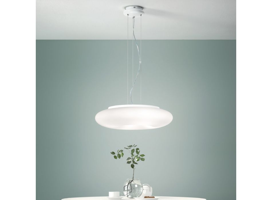 Lámpara de suspensión de vidrio blanco soplado y metal cromado - Ariana Viadurini