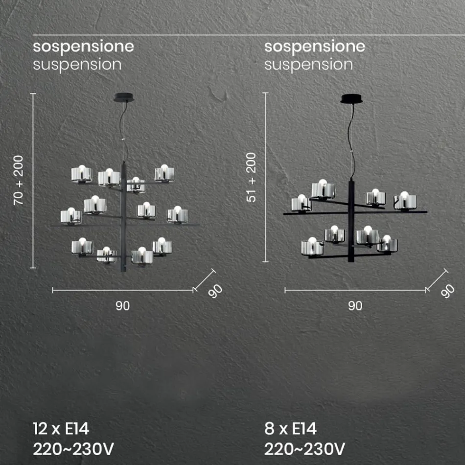 Lámpara de suspensión de vidrio soplado con estructura metálica - Angelic Viadurini