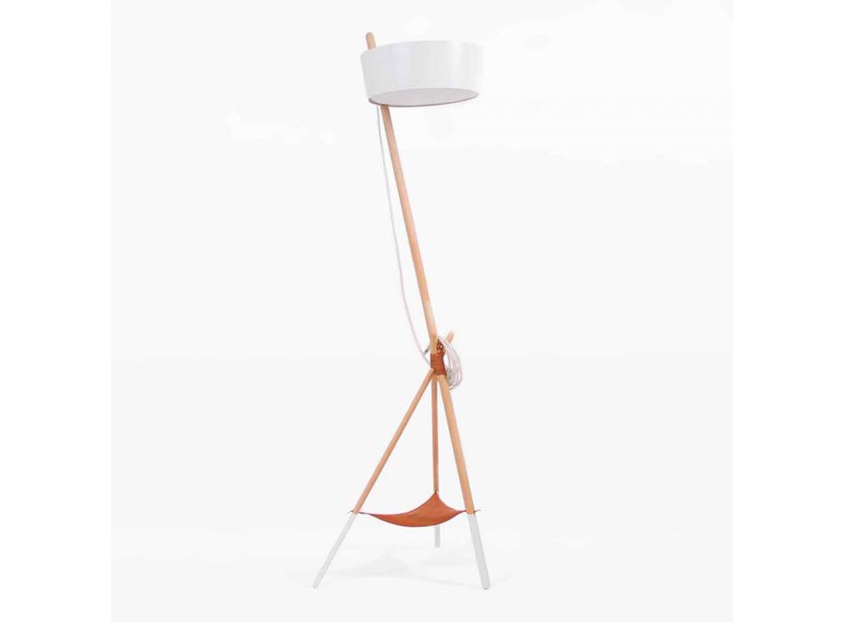 Lámpara de pie en madera y metal con detalles en piel vegana - Avetta Viadurini