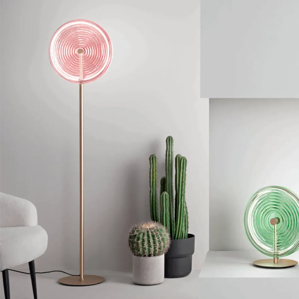 Lámpara de Pie en Metal y Vidrio Decorada con Líneas Concéntricas - Hackberry Viadurini