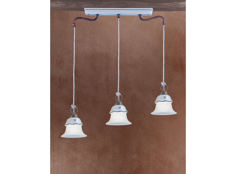 Lámpara de suspensión vintage de 3 luces en hierro, vidrio y cerámica - Ferrara Viadurini