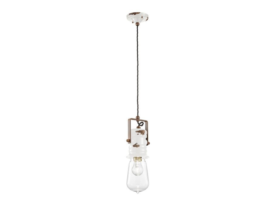 Lámpara de Suspensión de Diseño Industrial en Hierro, Vidrio y Cerámica - Urban Viadurini