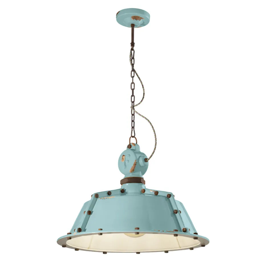 Lámpara Colgante Artesanal Industrial en Hierro y Cerámica - Industrial Viadurini