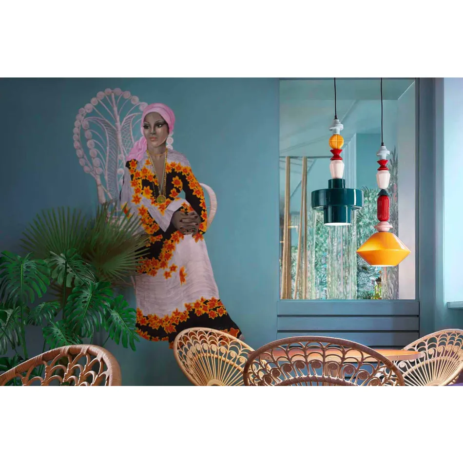 Lámpara colgante de cerámica retro amarilla o verde Made in Italy - Ferroluce Lariat Viadurini