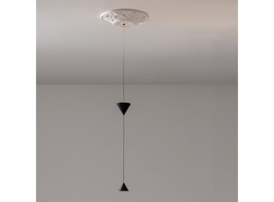Lámpara Suspendida de Diseño en Yeso Blanco y Aluminio Negro 2 Conos - Tesera Viadurini