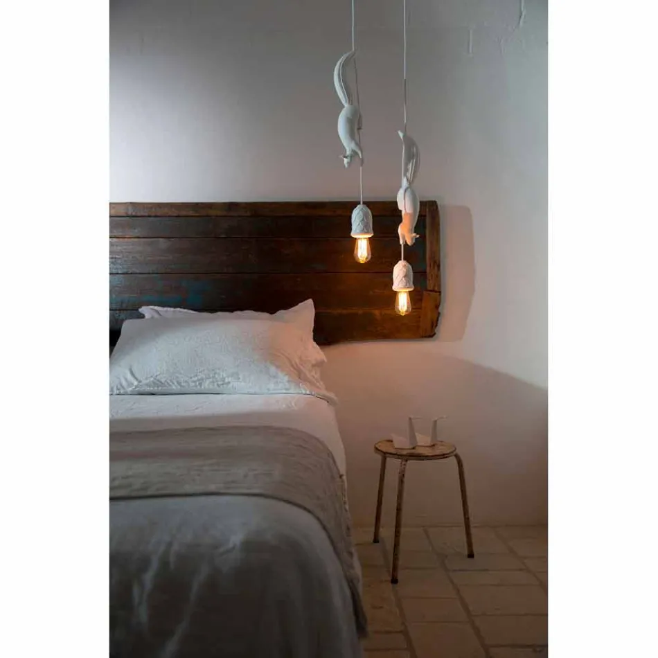 Lámpara colgante de cerámica blanca mate con ardilla y bellota - Ardilla Viadurini