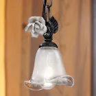 Lámpara de Suspensión en Hierro y Vidrio con Decoración Rosa de Cerámica - Siena Viadurini