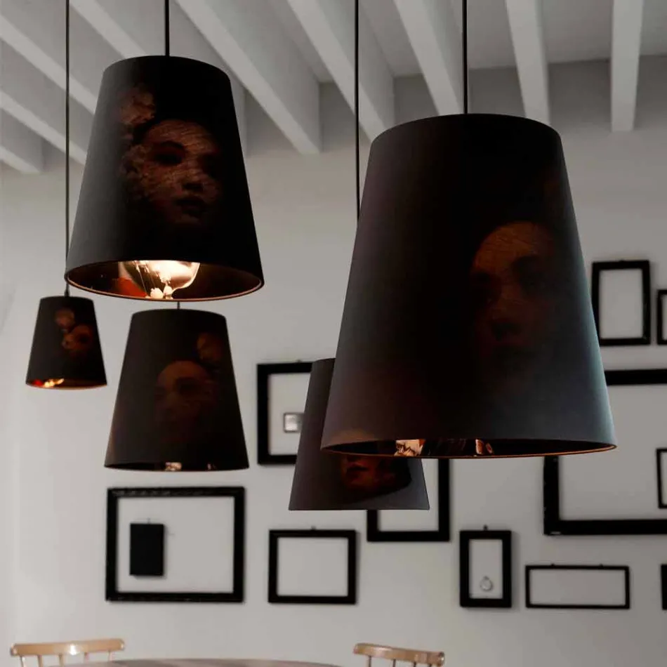 Lámpara Suspendida en Lino Antracita con Impresión de Diseño Interno 2 Tamaños - Bramosia Viadurini