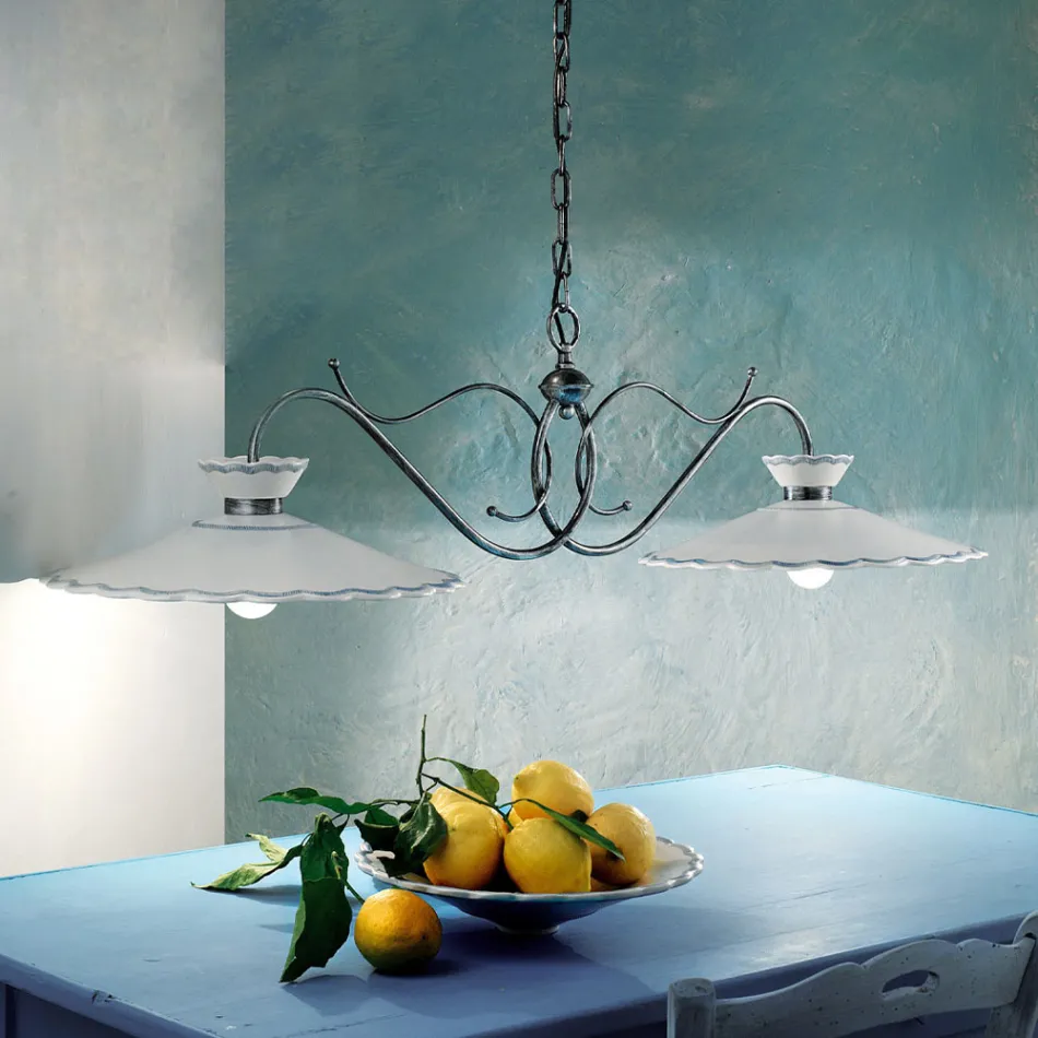 Lámpara Suspendida Lineal 2 Luces Cerámica Efecto Bordado Artesanal - Ravenna Viadurini