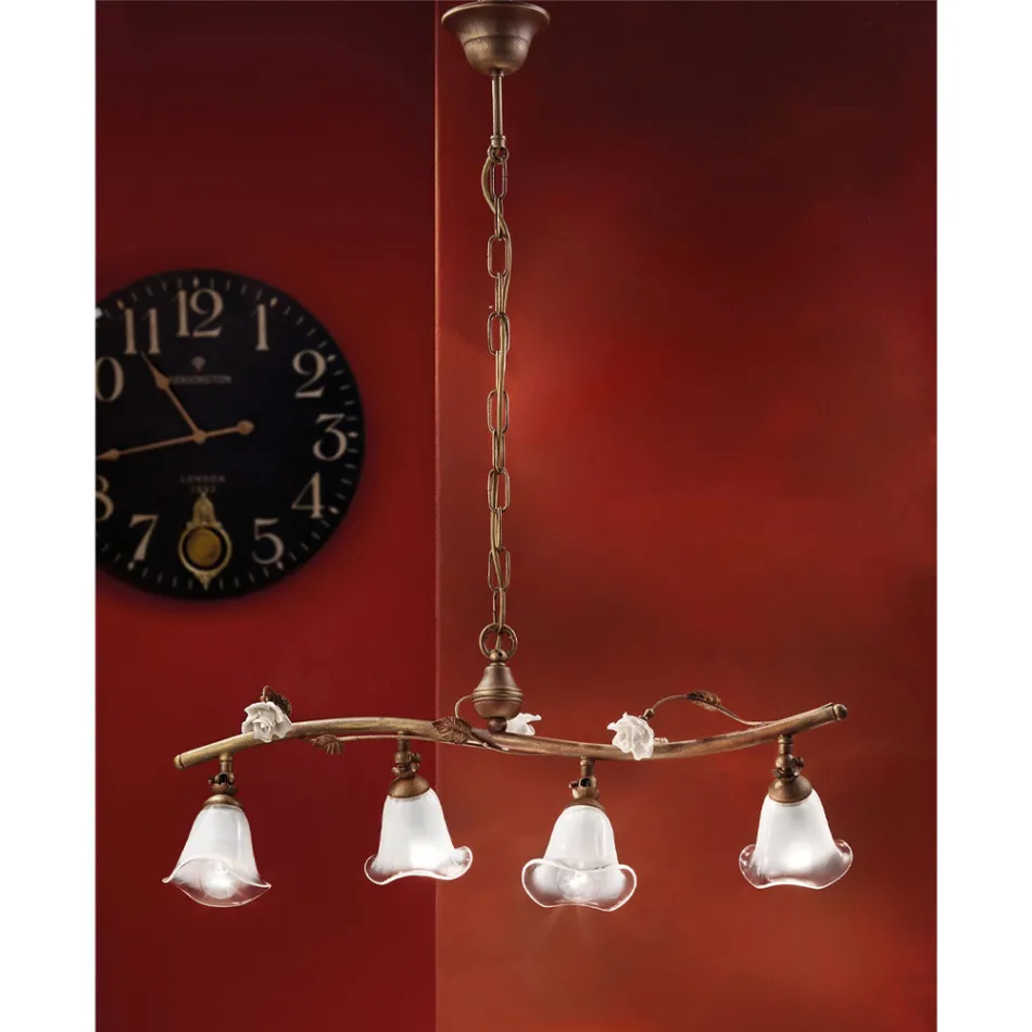 Lámpara de Suspensión Lineal 4 Luces en Hierro, Vidrio y Cerámica Rosas - Siena Viadurini