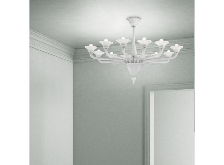 Araña de 12 luces en cristal veneciano blanco y metal cromado - Ismail