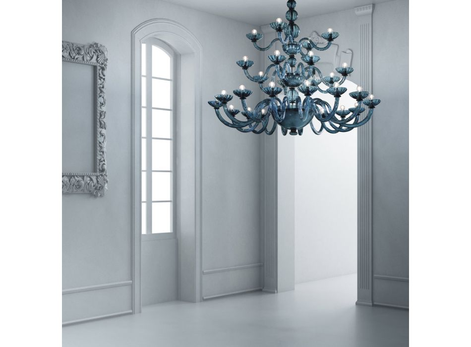 Araña artesanal 28 luces en cristal veneciano azul y metal - Foscarino Viadurini