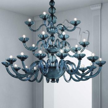 Araña artesanal 28 luces en cristal veneciano azul y metal - Foscarino