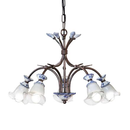 Lámpara de araña artesanal de 5 luces de metal, cerámica y cristal floral - Vicenza Viadurini