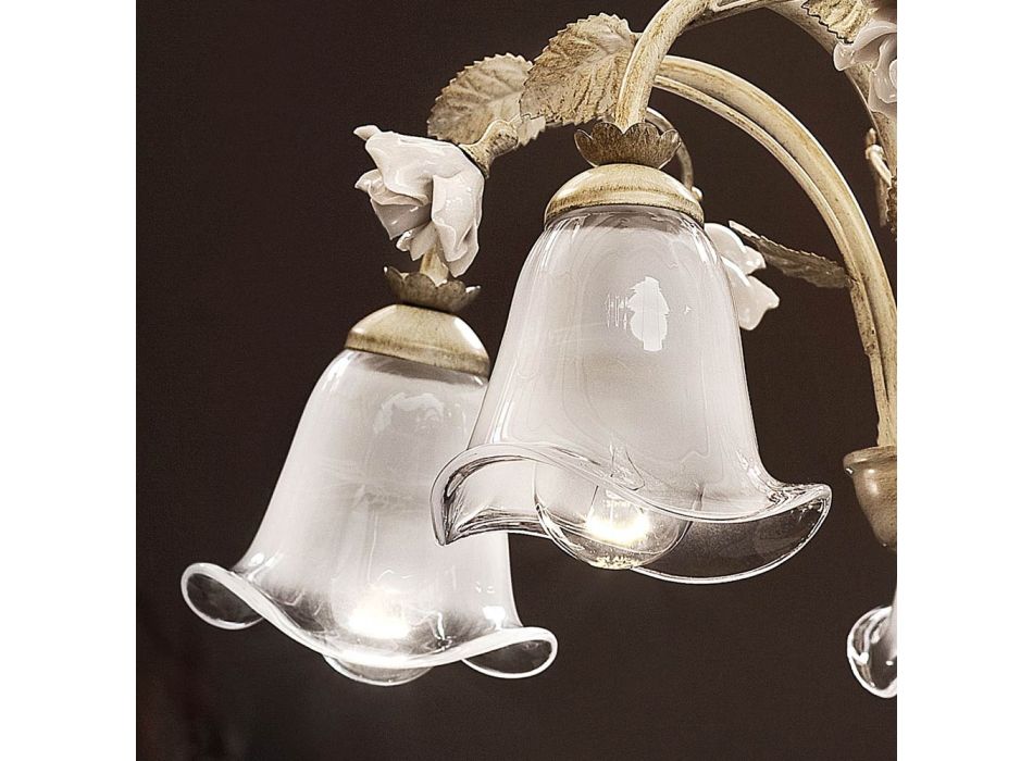 Araña de 5 luces en hierro y vidrio arenado con rosas de cerámica - Siena