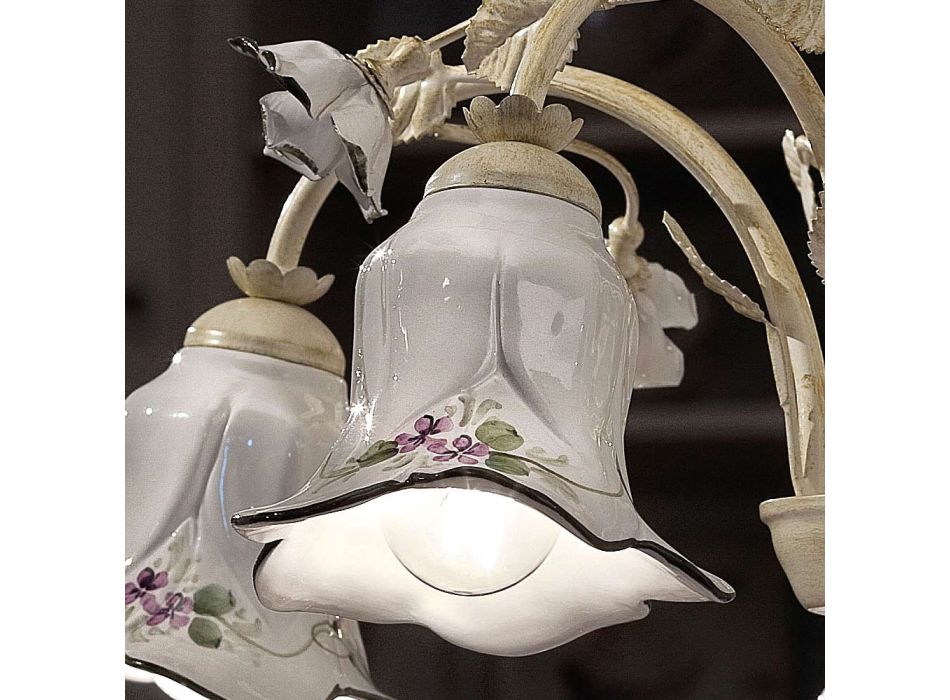 Araña de 5 luces en metal y cerámica decorada a mano y rosas - Pisa Viadurini