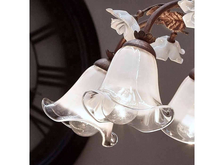 Araña de 8 luces en hierro y vidrio arenado con rosas de cerámica - Siena