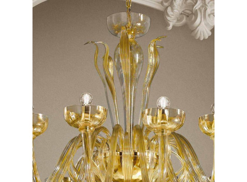 Araña de 16 luces en vidrio veneciano y oro, hecha a mano en Italia - Regina