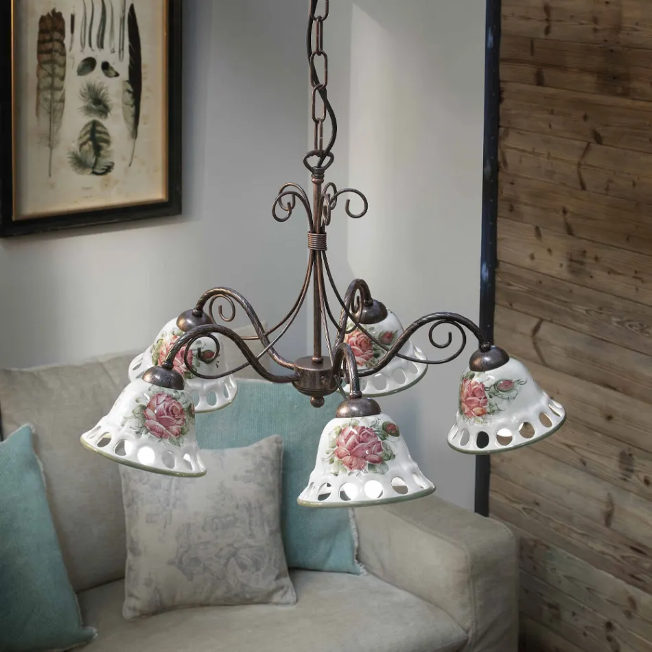 Araña hecha a mano de cerámica de 3 o 5 luces con Passanastri - Nápoles Viadurini