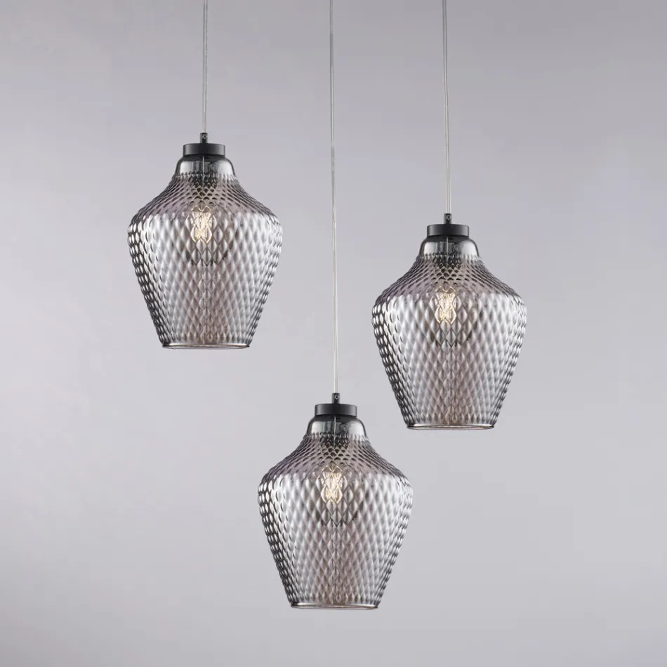 Lámpara colgante de metal y vidrio negro de 3 luces Alnitak Viadurini