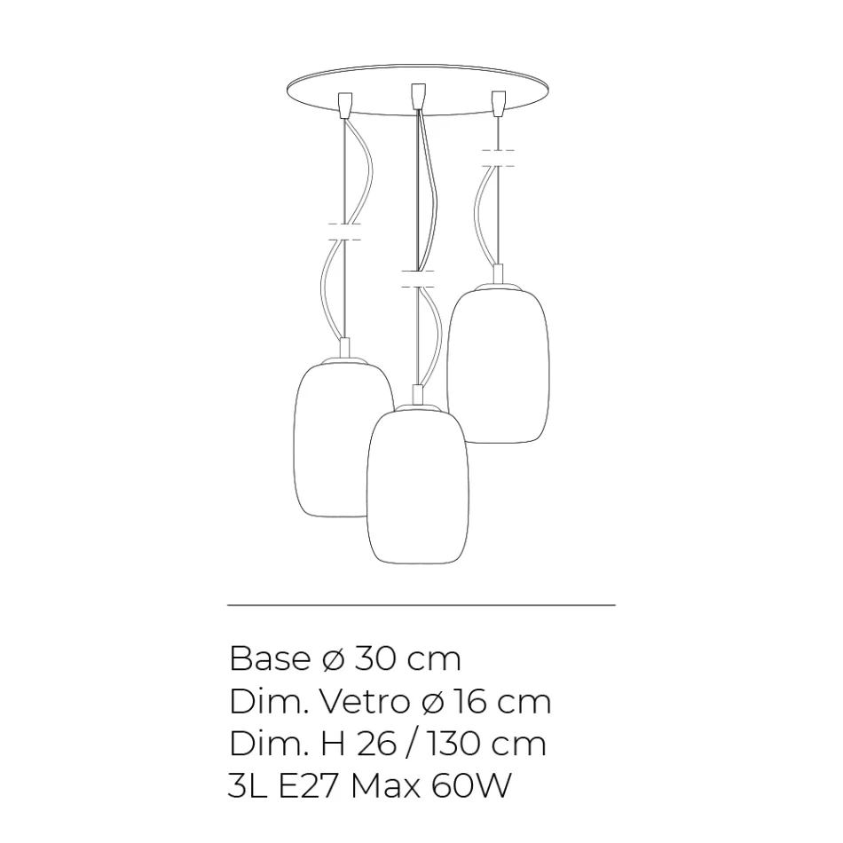 Lámpara de araña de tres luces con barra circular en vidrio soplado, fabricada en Italia - Soffio Viadurini