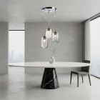 Lámpara de araña de tres luces con barra circular en vidrio soplado, fabricada en Italia - Soffio Viadurini