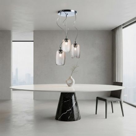 Lámpara de araña de tres luces con barra circular en vidrio soplado, fabricada en Italia - Soffio Viadurini