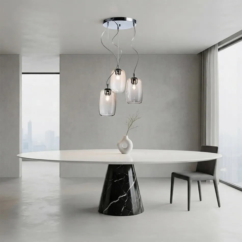Lámpara de araña de tres luces con barra circular en vidrio soplado, fabricada en Italia - Soffio Viadurini