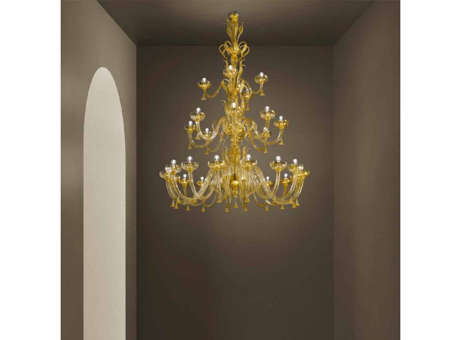 Araña artesanal con 28 luces en vidrio veneciano y oro Made in Italy - Regina Viadurini