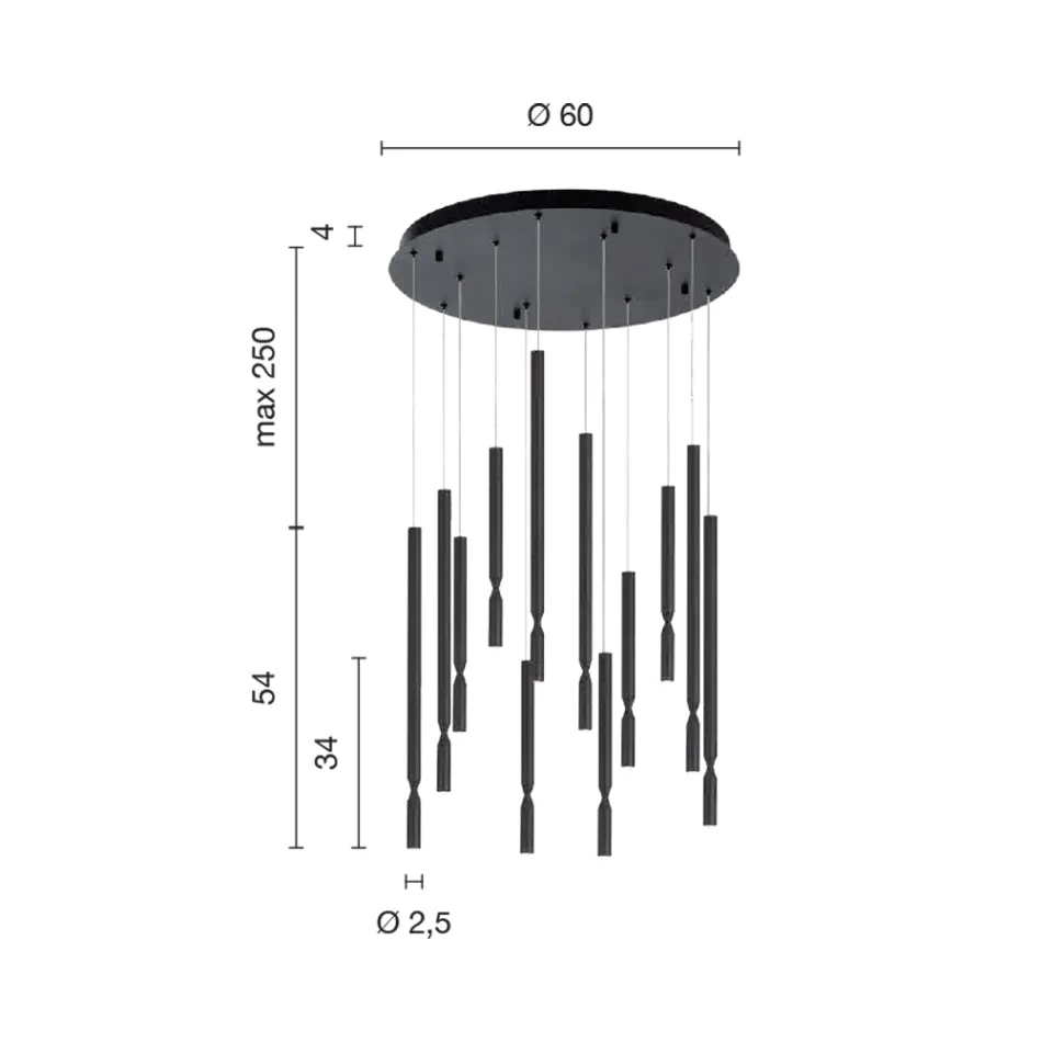 Lámpara de araña con 12 luces LED en metal pintado y cables ajustables - Alerce Viadurini