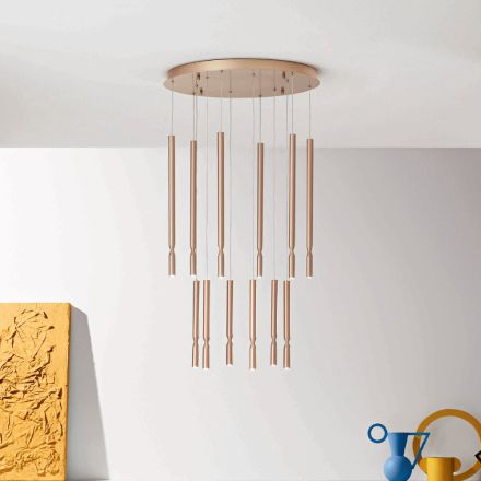Lámpara de araña con 12 luces LED en metal pintado y cables ajustables - Alerce Viadurini