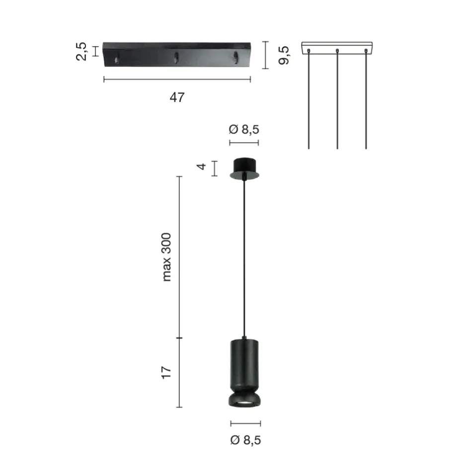 Lámpara de araña con 3 LED en aluminio con recubrimiento de polvo y cable ajustable - Buxus Viadurini