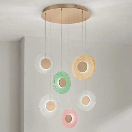 Lámpara de araña con 6 luces LED en metal pintado y cristal Graniglia coloreado - Albizia Viadurini