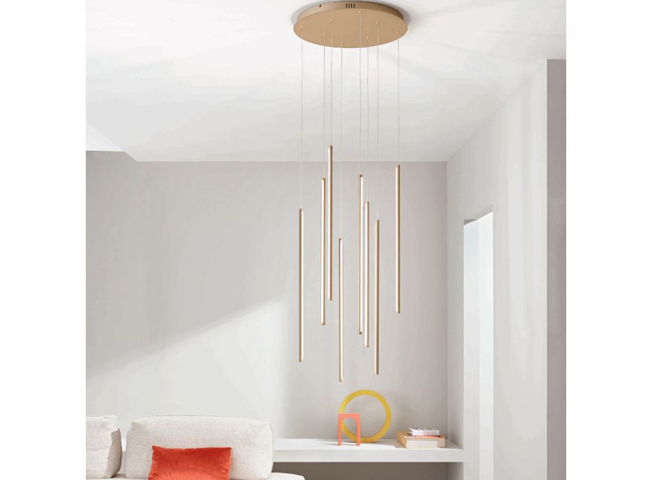 Lámpara de araña con 8 luces LED en metal pintado dorado y cables ajustables - Naranja Viadurini