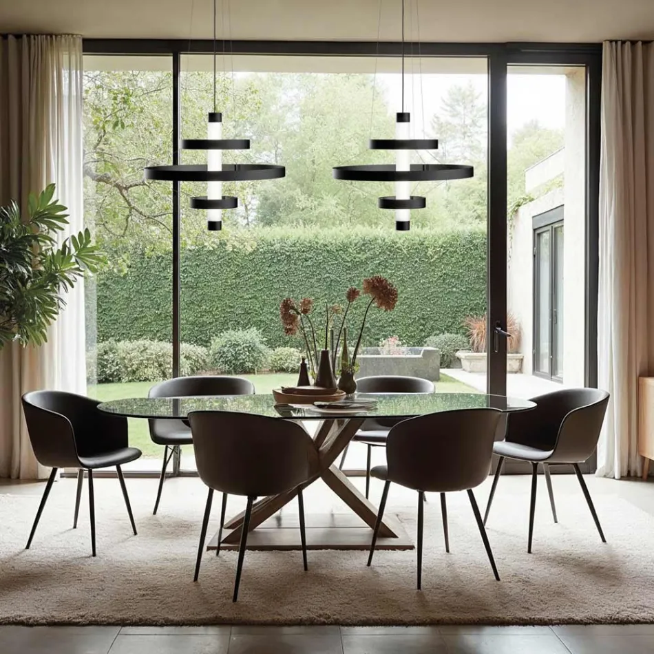 Lámpara de araña con cuerpo de cristal y 3 círculos de aluminio - Clara Viadurini