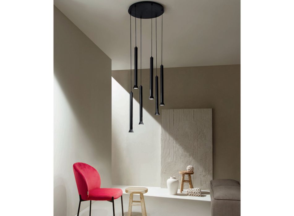 Lámpara de araña con estructura de metal pintado de negro y cables ajustables - Abedul Viadurini