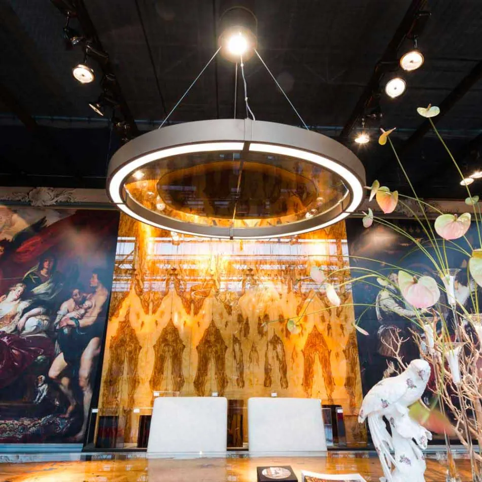 Lámpara de araña moderna de acero y vidrio con inserto de madera Made in Italy - Seúl Viadurini