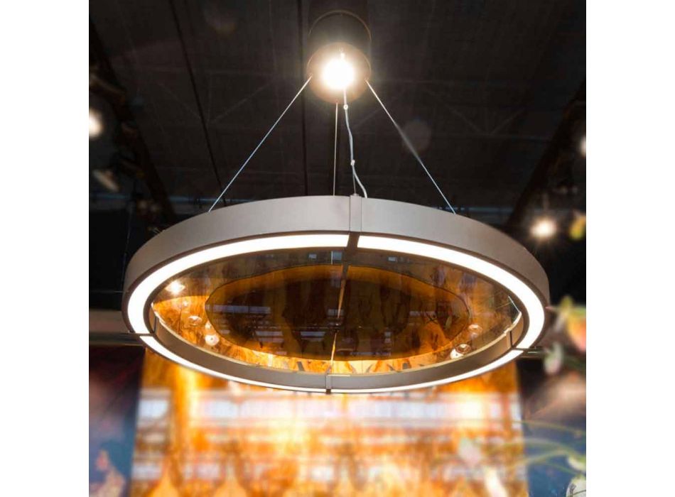 Lámpara de araña moderna de acero y vidrio con inserto de madera Made in Italy - Seúl Viadurini