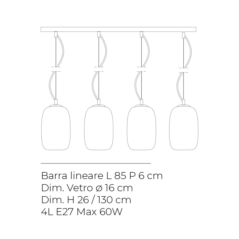 Lámpara de araña de cuatro luces sobre una barra lineal de vidrio soplado, fabricada en Italia - Soffio Viadurini
