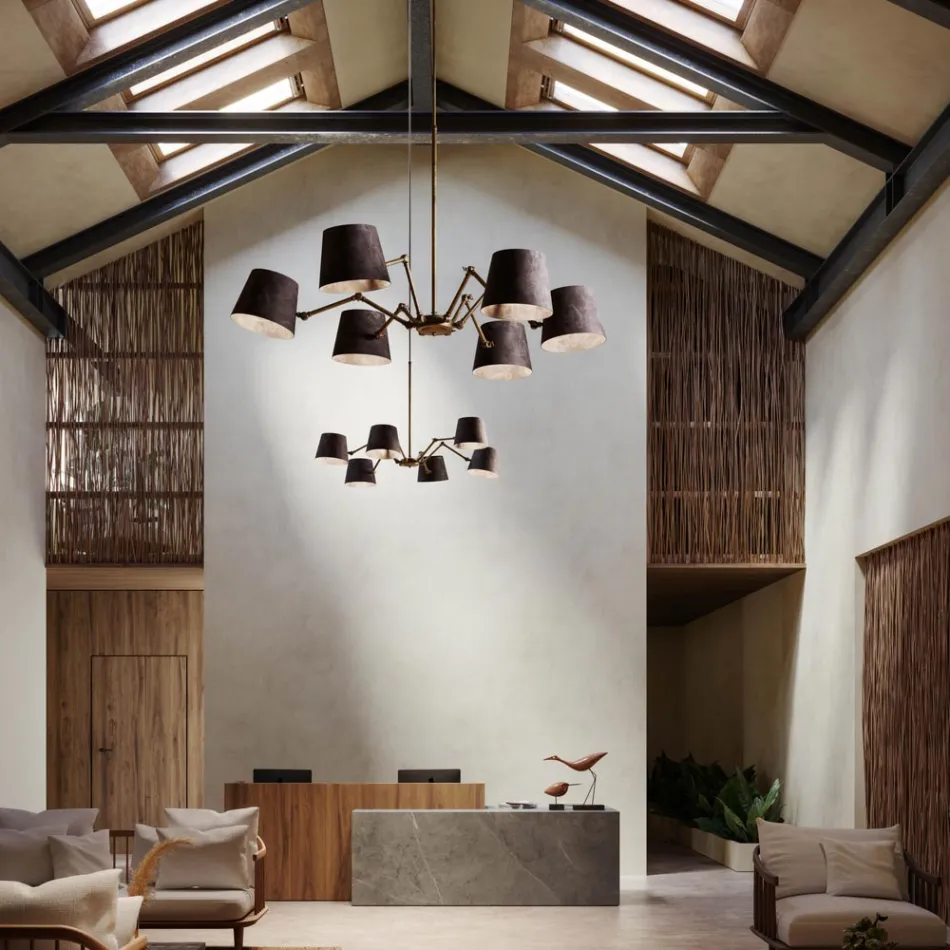 Araña de estilo industrial en hierro y latón Reporter Il Fanale Viadurini