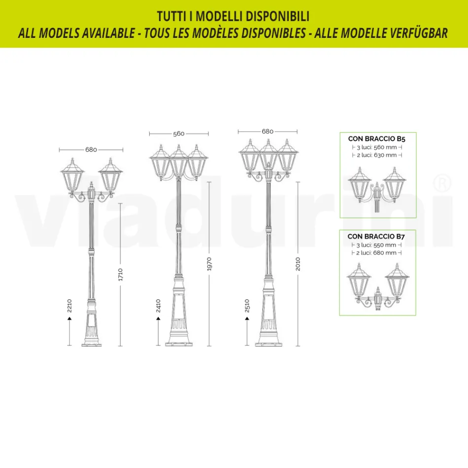 Lámpara de jardín de 221 cm de altura en cristal y 5 acabados en aluminio - Pinako Viadurini