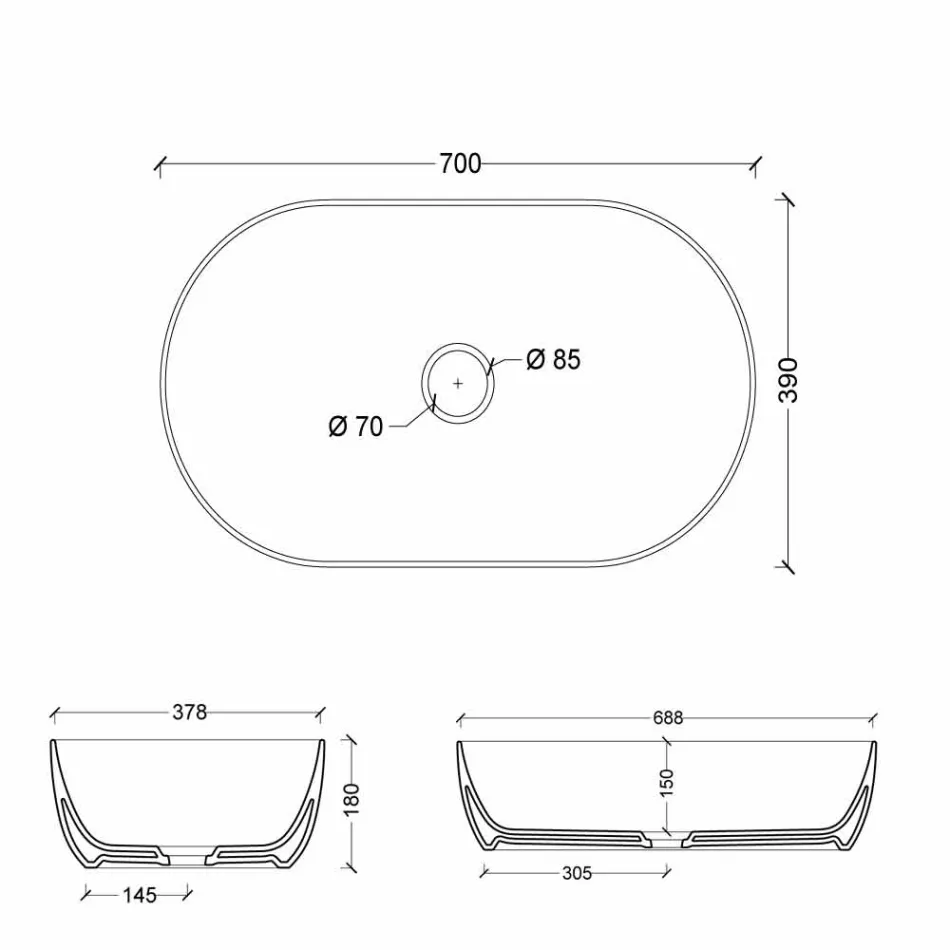 Lavabo de cerámica de la encimera de los 70x35cm hecho en la estrella de Italia, diseño moderno Viadurini