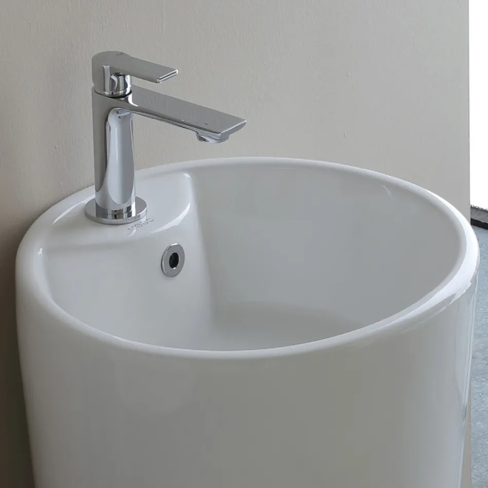 Lavabo moderno redondo de cerámica blanca independiente - Papavero Viadurini